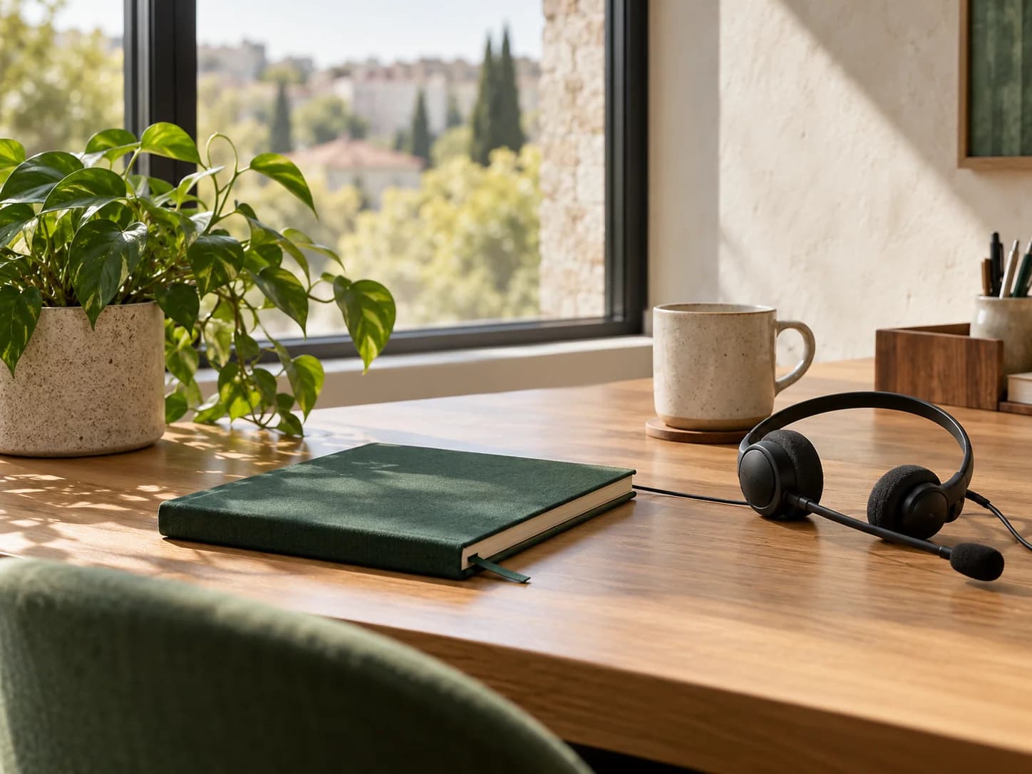 A quiet support desk with a headset and notebook
